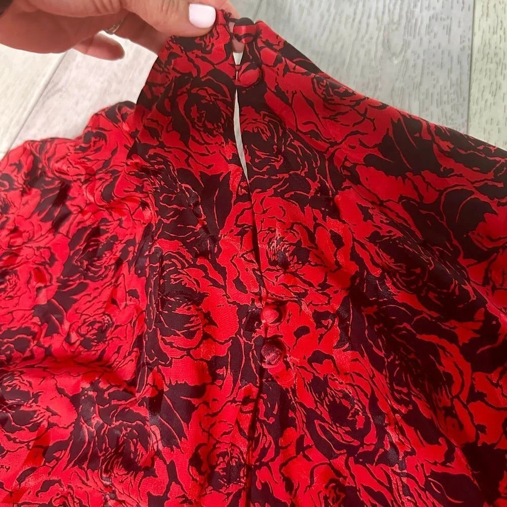 Vintage 100% silk 80s Comenzar black red‎ midi beaded gothic cocktail dress